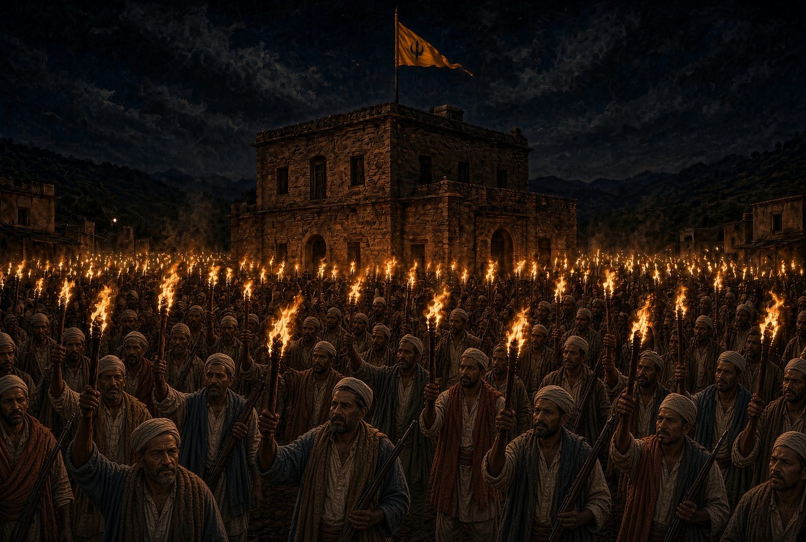 Artist’s reconstruction of the Gurdwara at Bewal at night, with a crowd carrying torches in front of it