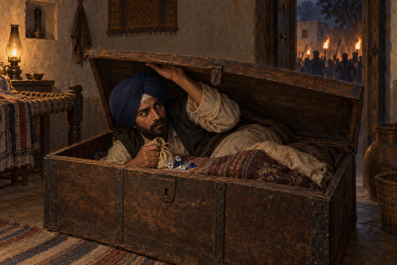 Artist’s reconstruction of Ishar Singh hiding in a wooden trunk as a mob enters his house