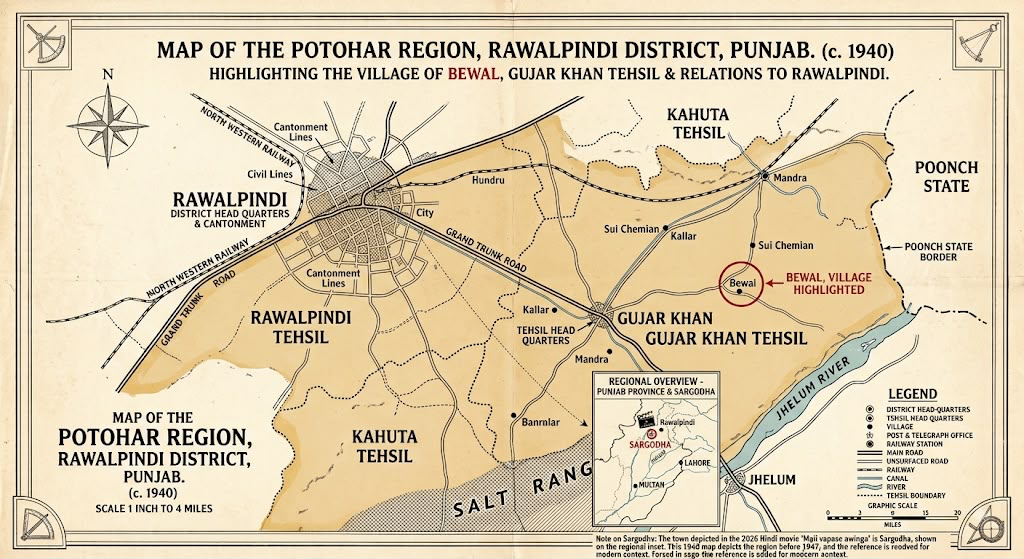 Map of the Pothohar region, Rawalpindi District, c. 1940, with Bewal circled in Gujar Khan Tehsil