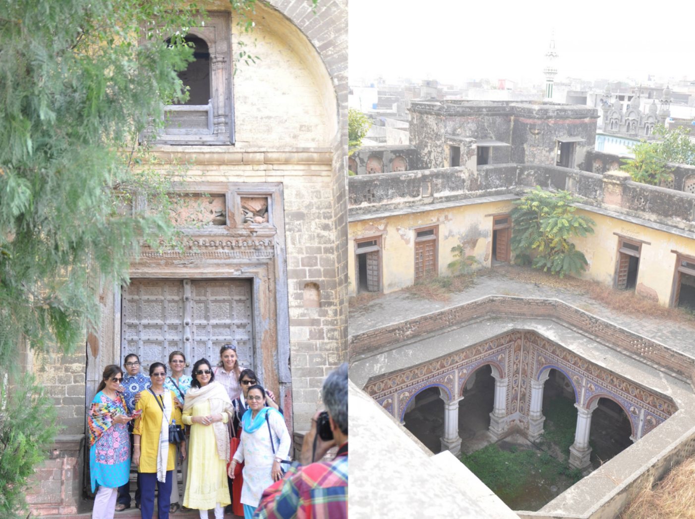 Members of the group in front of the doors of Bedi Mahal in 2017, beside a view down into the palace courtyard