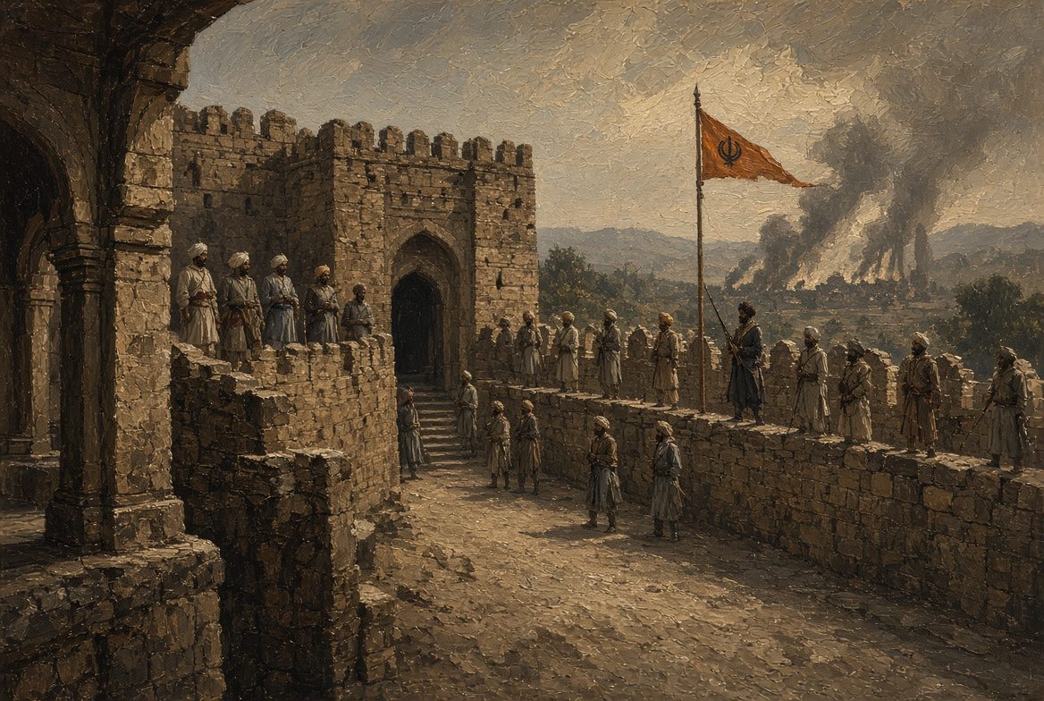 Artist’s reconstruction of defenders on the walls of Bedi Mahal, with smoke rising from the burning bazaar beyond