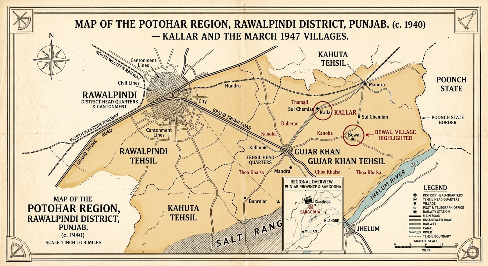 Map of the Pothohar region, Rawalpindi District, c. 1940, with Kallar and Bewal circled